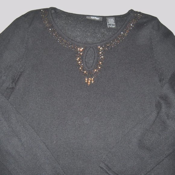 WOMENS TINA MARCUS DECORATED BLACK KNIT TOP LARGE - Picture 1 of 3